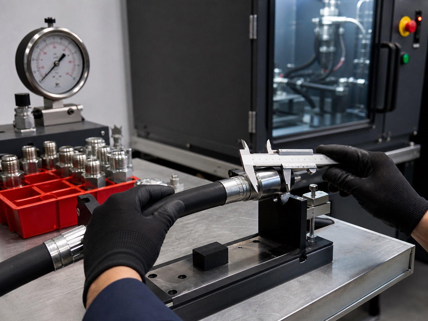 Hydraulic hose fitting being measured during quality inspection